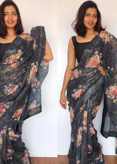 Black Designer Saree with Sequins Embroidery