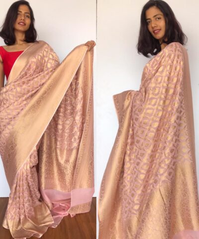 Baby Pink Banarasi Silk Saree In Georgette with woven zari motifs