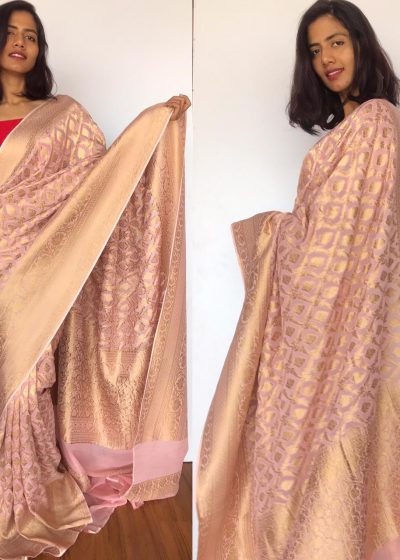 Baby Pink Banarasi Silk Saree In Georgette with woven zari motifs
