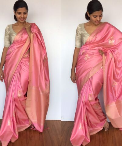 Creamy Pink Banarasi Silk Saree with Gold and Silver Zari Weaves