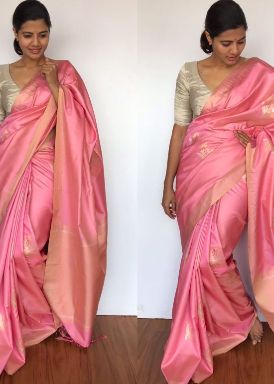 Creamy Pink Banarasi Silk Saree with Gold and Silver Zari Weaves