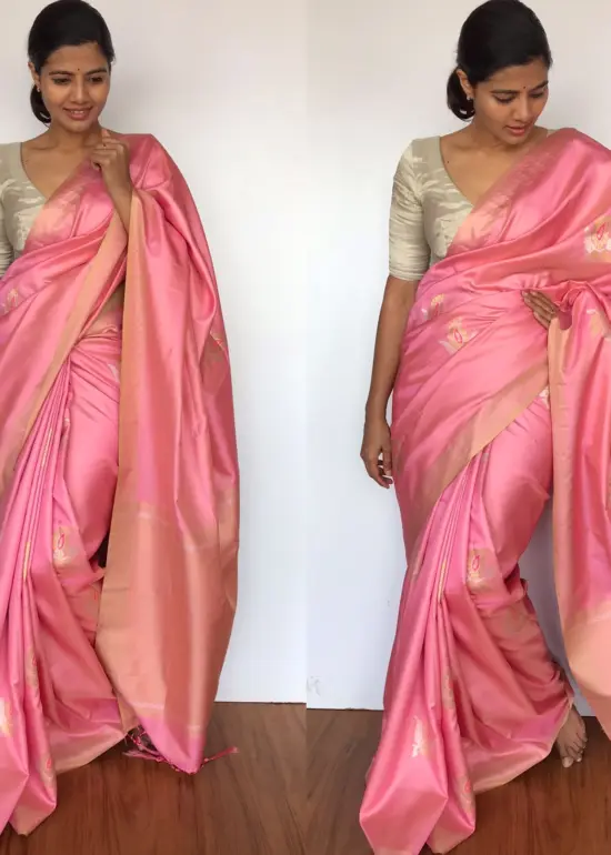 Creamy Pink Banarasi Silk Saree with Gold and Silver Zari Weaves