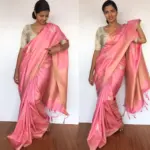 Creamy Pink Banarasi Silk Saree with Gold and Silver Zari Weaves - Image 4