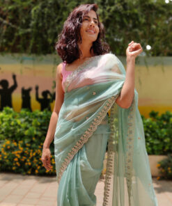 Sea Green Organza Saree with Heavy Embroidery