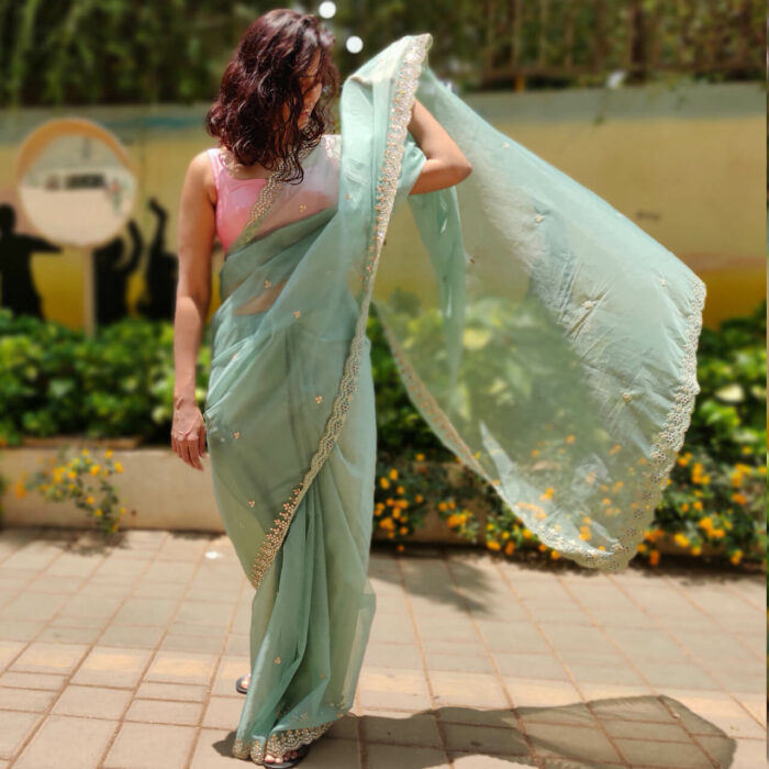 Sea Green Organza Saree with Heavy Embroidery