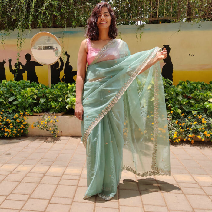 Sea Green Organza Saree with Heavy Embroidery