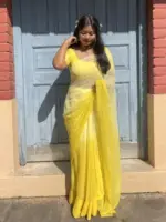 Lime Yellow Chiffon Saree with Badla work - Image 3