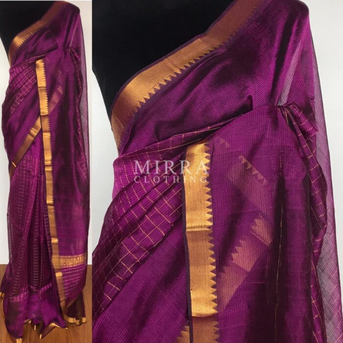 Purple Mangalagiri Silk Saree with gold zari checks
