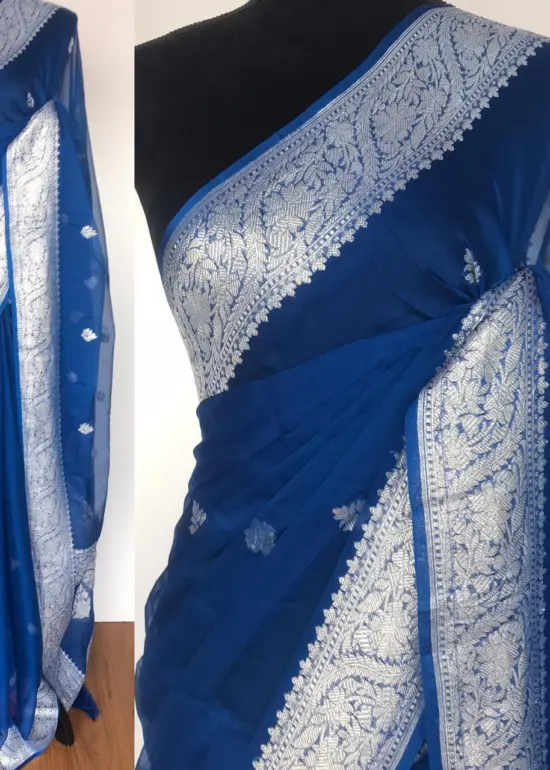 Cobalt Blue Banarasi Silk Saree in Pure Khaddi Chiffon