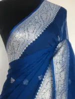Cobalt Blue Banarasi Silk Saree in Pure Khaddi Chiffon - Image 7