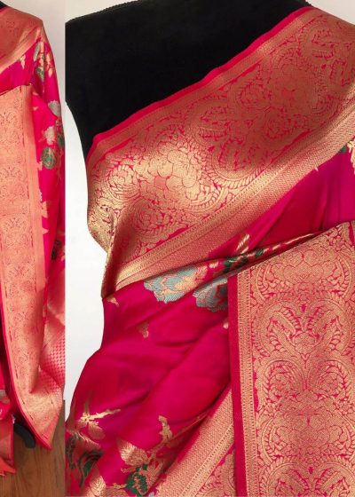 Watermelon Pink Banarasi Silk Saree with Gold Zari Weaves