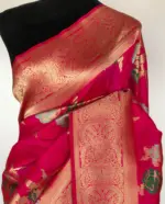 Watermelon Pink Banarasi Silk Saree with Gold Zari Weaves - Image 3