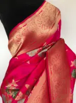 Watermelon Pink Banarasi Silk Saree with Gold Zari Weaves - Image 4