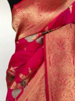 Watermelon Pink Banarasi Silk Saree with Gold Zari Weaves - Image 6