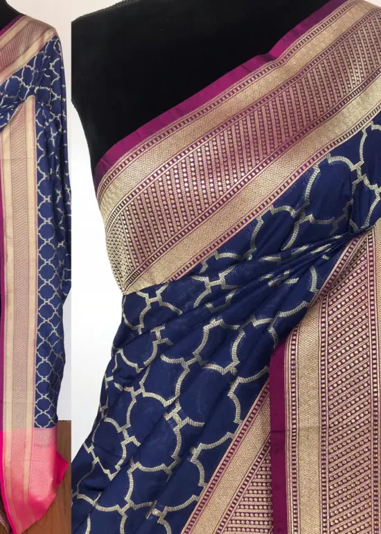 Navy Blue Katan Silk Saree with Gold Zari Weaves