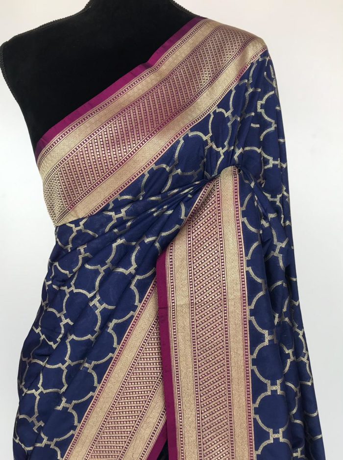 Navy Blue Katan Silk Saree with Gold Zari Weaves