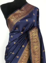Navyblue Banarasi Silk Saree with Gold Zari Buttas - Image 6