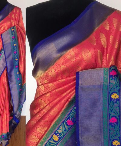Creamy Pink Banarasi Silk Saree adorned with Beautiful Meenakari Weaves