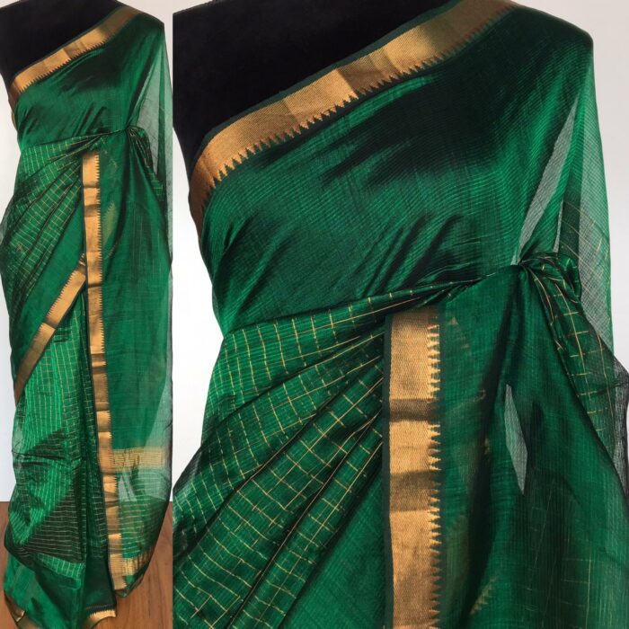 Bottle Green Mangalagiri Silk woven in Gold Zari in Chequered Pattern