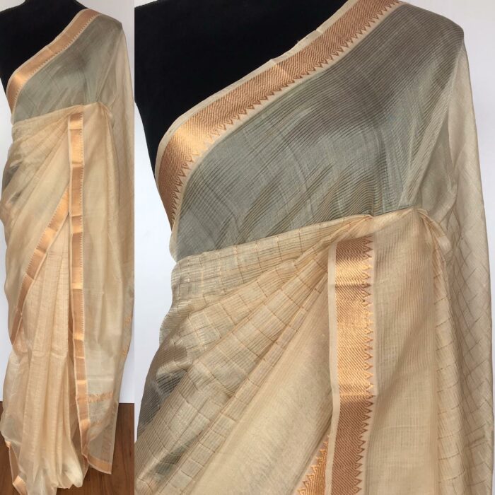 Off white Mangalagiri Silk Saree with gold zari checks