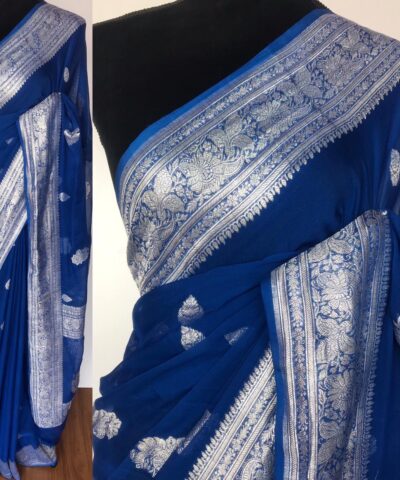 Cobalt Blue Banarasi Silk Saree in Pure Khaddi Chiffon
