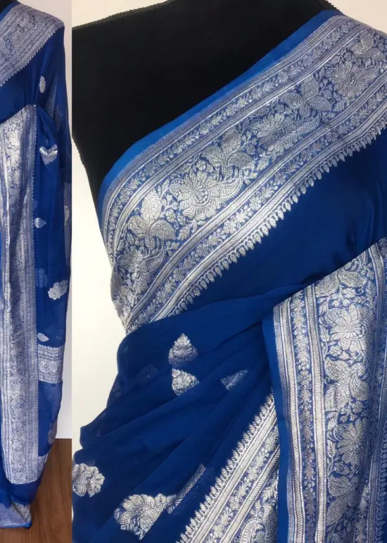 Cobalt Blue Banarasi Silk Saree in Pure Khaddi Chiffon