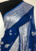 Cobalt Blue Banarasi Silk Saree in Pure Khaddi Chiffon - Image 3