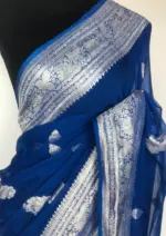 Cobalt Blue Banarasi Silk Saree in Pure Khaddi Chiffon - Image 4
