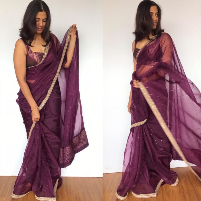 Purple Pure Organza Silk Saree with Hand Embroidery