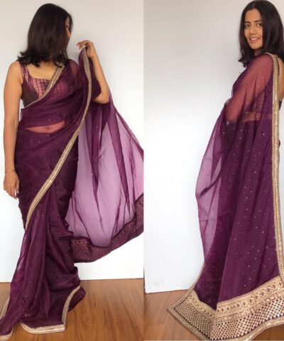 Purple Pure Organza Silk Saree with Hand Embroidery