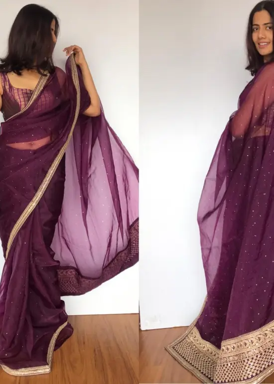 Purple Pure Organza Silk Saree with Hand Embroidery