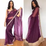 Purple Pure Organza Silk Saree with Hand Embroidery - Image 2