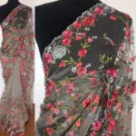 Grey Designer Net Saree with Floral Embroidery