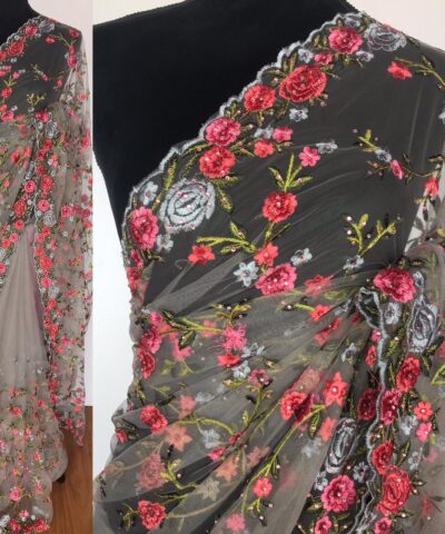 Grey Designer Net Saree with Floral Embroidery