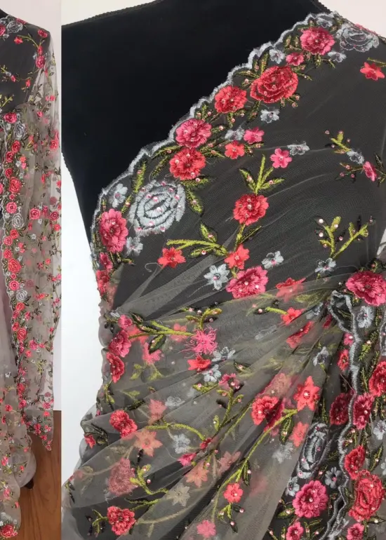 Grey Designer Net Saree with Floral Embroidery