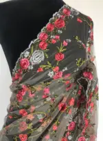 Grey Designer Net Saree with Floral Embroidery - Image 6