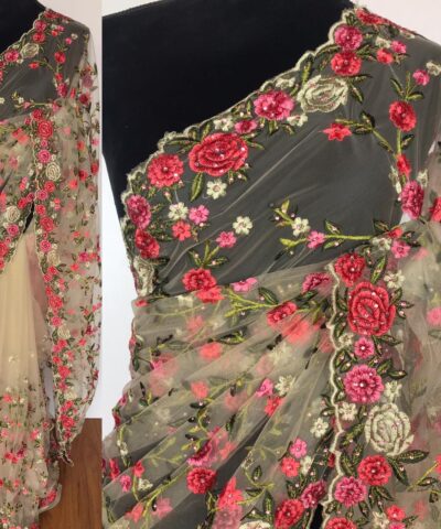 Offwhite Designer Net Saree with Floral Embroidery