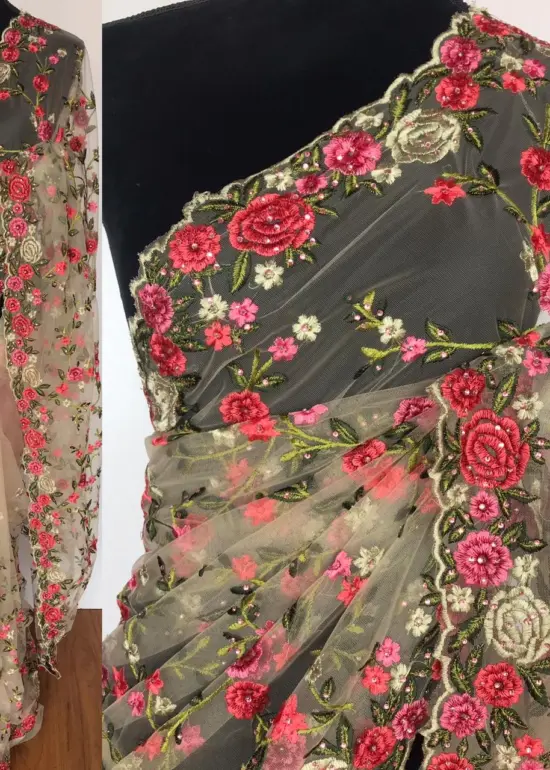 Offwhite Designer Net Saree with Floral Embroidery