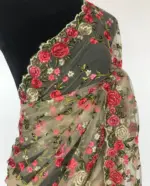 Offwhite Designer Net Saree with Floral Embroidery - Image 3