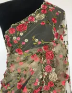Offwhite Designer Net Saree with Floral Embroidery - Image 4