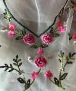 Offwhite Designer Net Saree with Floral Embroidery - Image 9