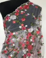 White Designer Net Saree with Floral Embroidery - Image 8