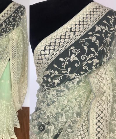 Mint Designer Net Saree with Embroidery