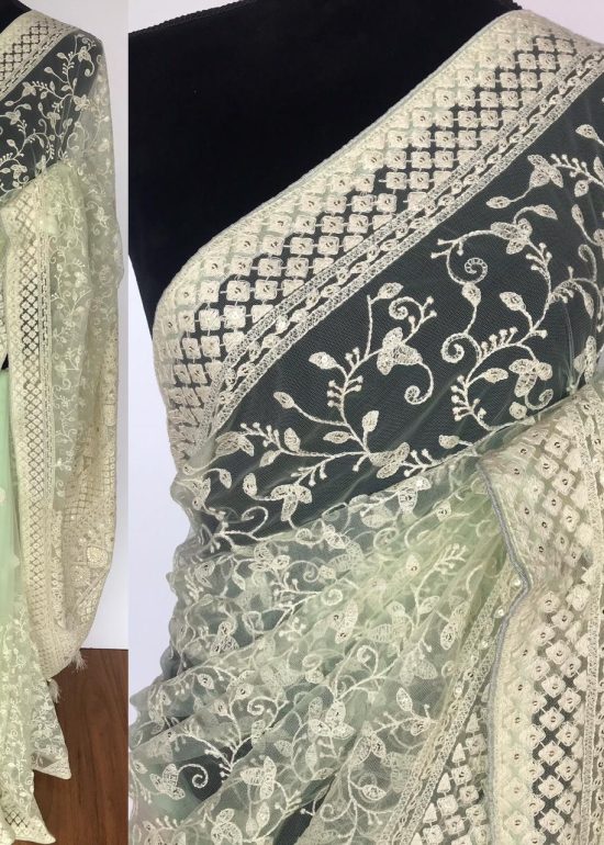 Mint Designer Net Saree with Embroidery