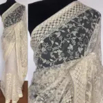 Off white Designer Net Saree with Embroidery