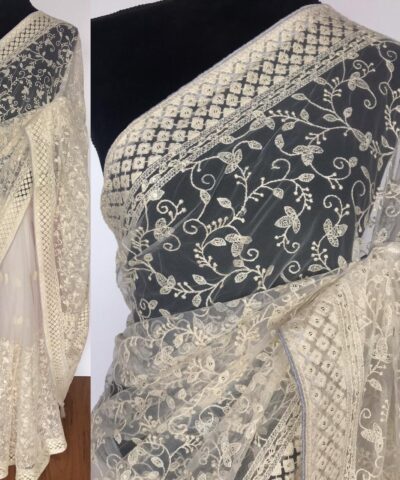 Off white Designer Net Saree with Embroidery