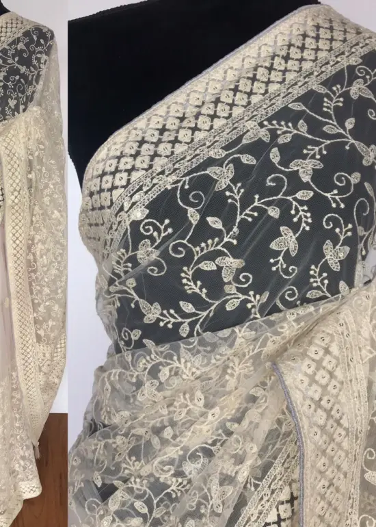 Off white Designer Net Saree with Embroidery
