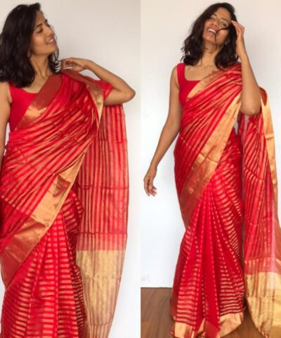 Red Chanderi Silk Saree with Gold Zari Weaves