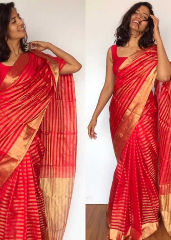 Red Chanderi Silk Saree with Gold Zari Weaves