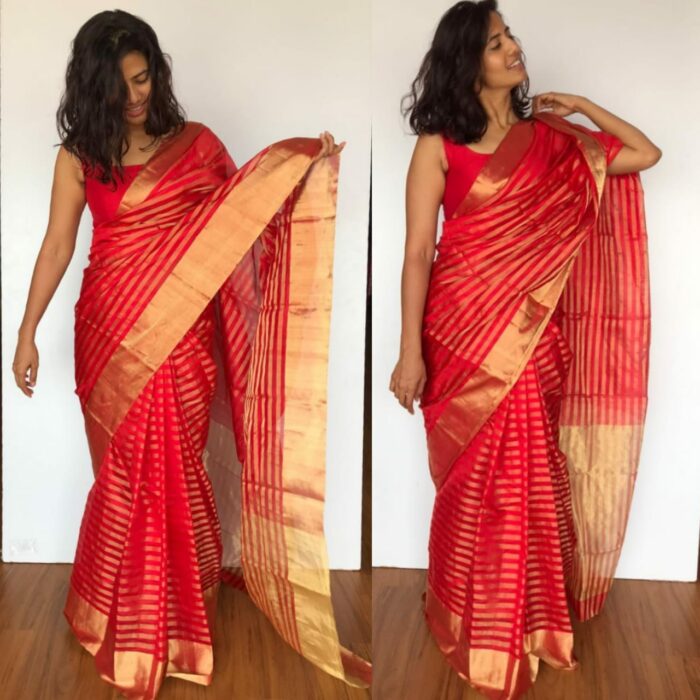 Red Chanderi Silk Saree with Gold Zari Weaves